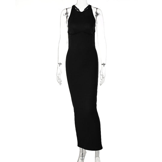 Damen körpernahes Strick-Maxi-Kleid mit raffiniertem Ausschnitt und langen Trägern EB