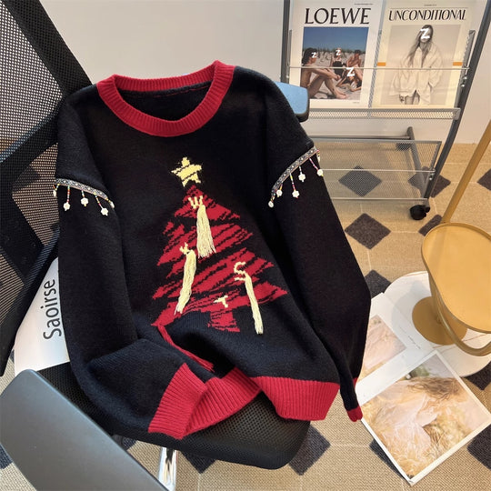 Damen festlicher Strickpullover mit Tannenbaum-Motiv und verspielten Akzenten EB
