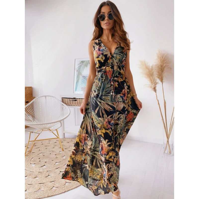 Damen Maxikleid mit floralen Mustern und tailliertem Oberteil EB