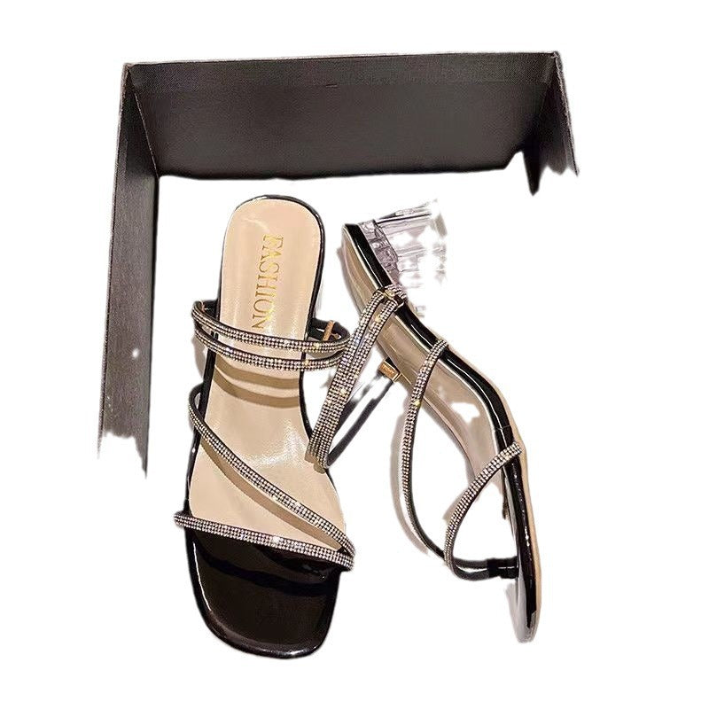 Damen elegante Statement-Sandaletten mit transparentem Blockabsatz und funkelnden Riemchen EB