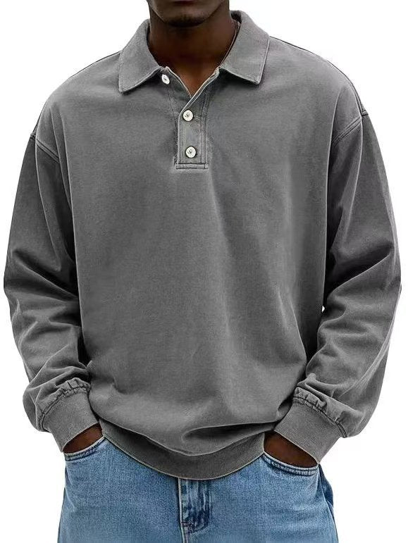 Herren nan lässiges Poloshirt-Sweatshirt mit Kragen, Vintage-Waschung und dreiteiliger Knopfleiste EB