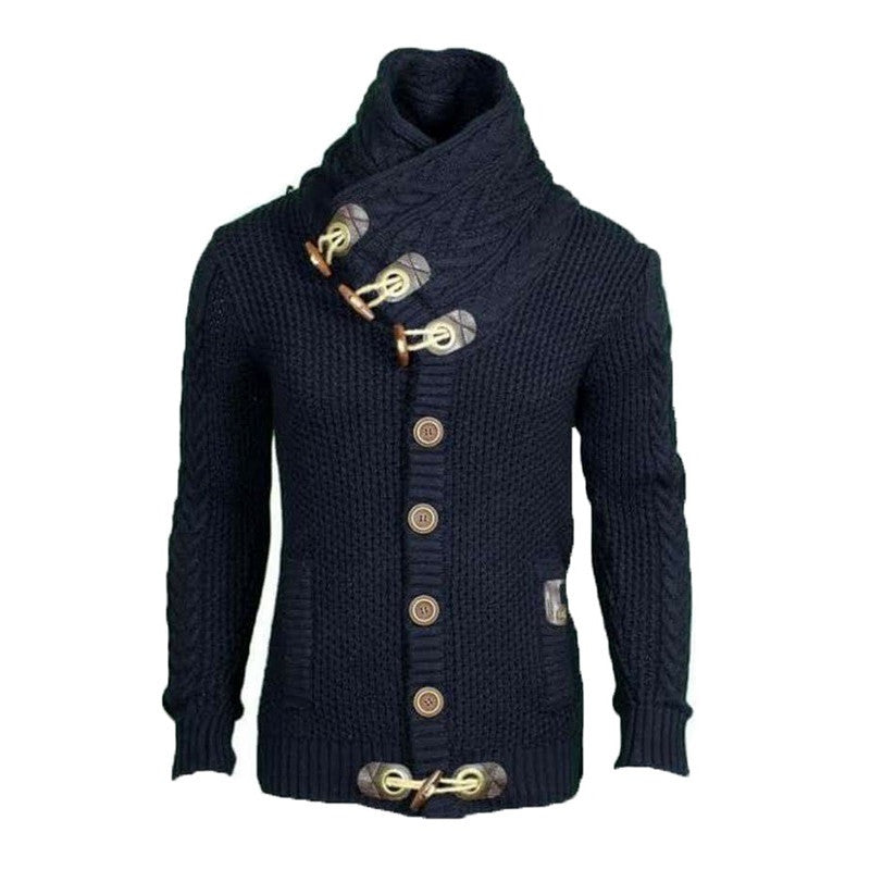 Herren gestrickter Cardigan mit hohem Kragen und modernen Holzknebel EB