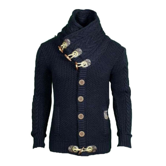 Herren gestrickter Cardigan mit hohem Kragen und modernen Holzknebel EB