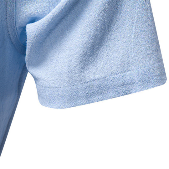 Herren nan lässiges Kurzarmshirt mit Stehkragen, halber Knopfleiste und leicht strukturierter Baumwoll-Leinen-Qualität EB