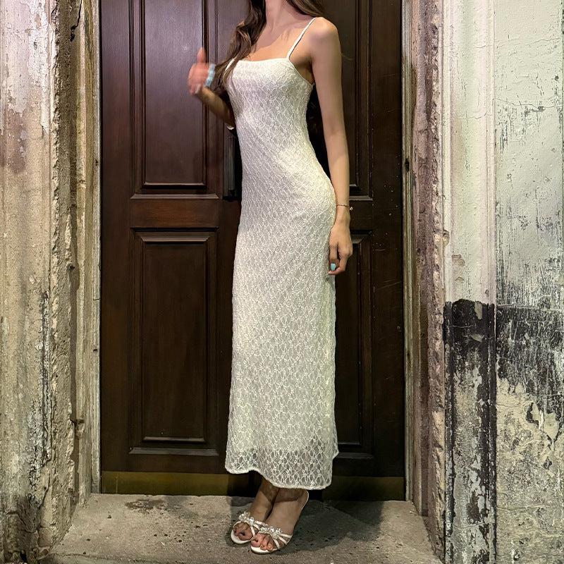 Damen Maxikleid aus luftigem Häkelmaterial mit zarten Trägern EB