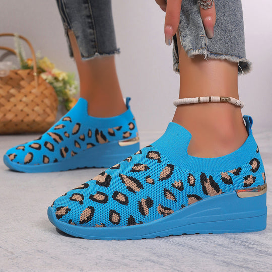 Damen  Sock-Sneaker mit elastischem Strickoberteil Leopardmuster und keilprofilsohle EB
