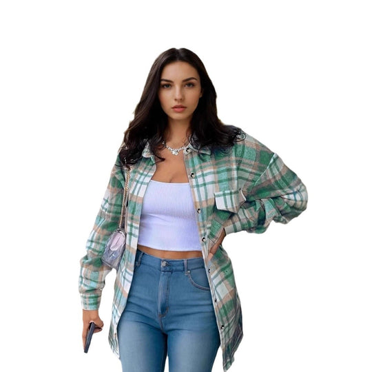 Damen Oversized Karo‑Hemdmantel mit Brusttaschen und durchgehender Knopfleiste EB