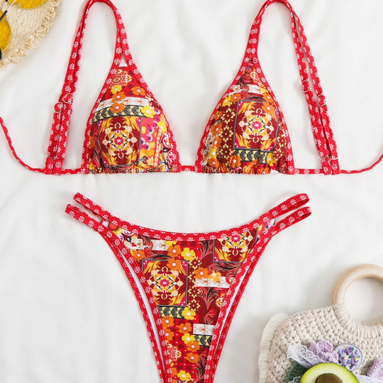 Damen Triangel-Bikini-Set mit lebhaftem Strandmotiv EB