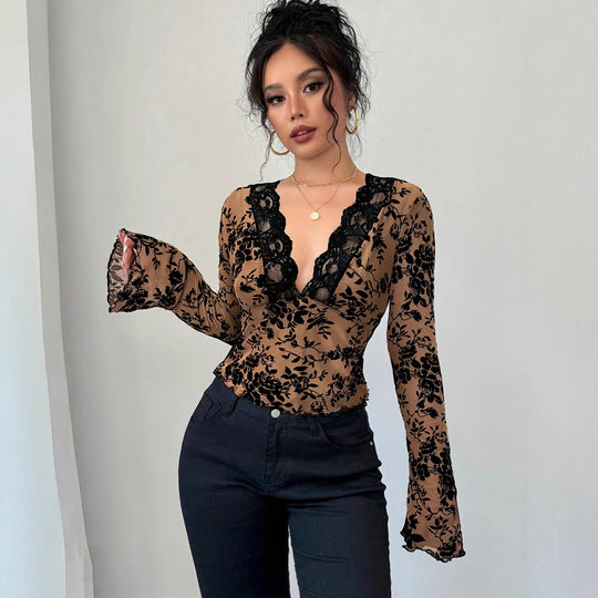 Damen Elegantes Spitzenoberteil mit tiefem V-Ausschnitt und Rüschendetails EB