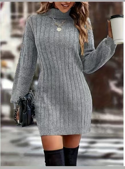 Damen Strickkleid mit hohem Kragen und feinem Rippenmuster EB