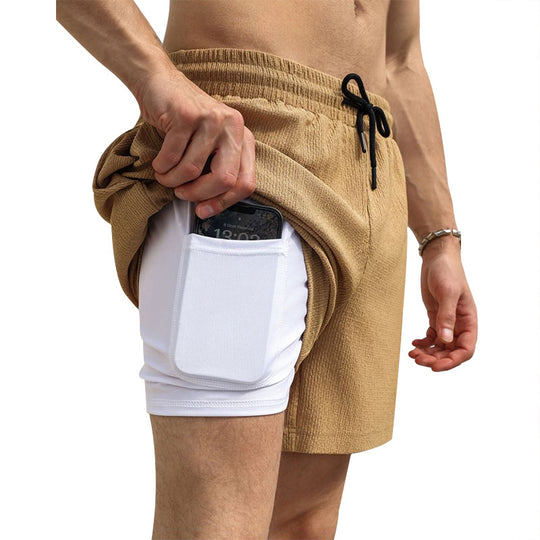 Herren nan zweilagige Schwimmshorts mit innerer Kompressionshose und seitlicher Smartphone-Tasche EB