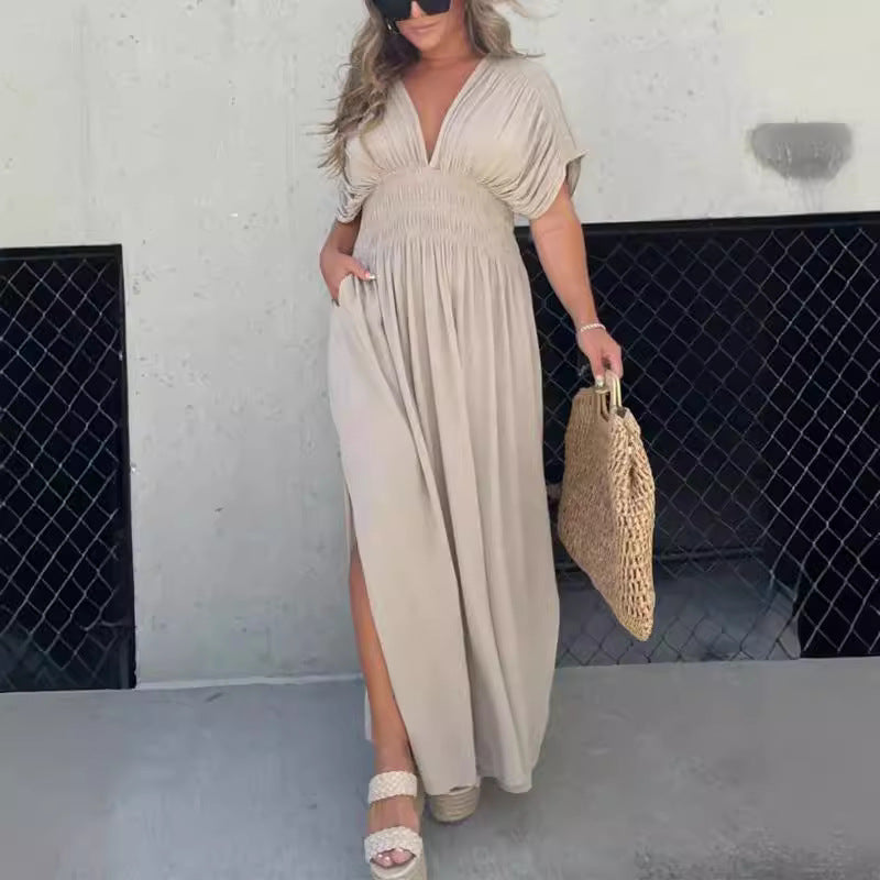 Damen Maxikleid mit tiefem V-Ausschnitt und praktischen Seitentaschen EB