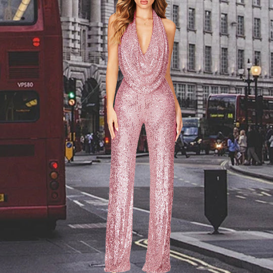 Damen Glitzerndes Jumpsuit mit tiefem V-Ausschnitt und weitem Bein EB