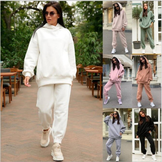 Damen Oversize-Kapuzen-Sweatshirt und Jogginghose Set mit Fleece-Innenseite und elastischen Bündchen EB