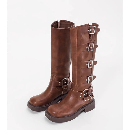 Damen Stiefel mit modischen Schnallen und robustem Blockabsatz EB