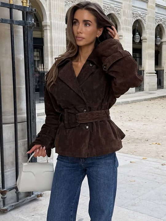 Damen modische Wildlederjacke mit Taillengürtel und voluminösen Ärmeln EB