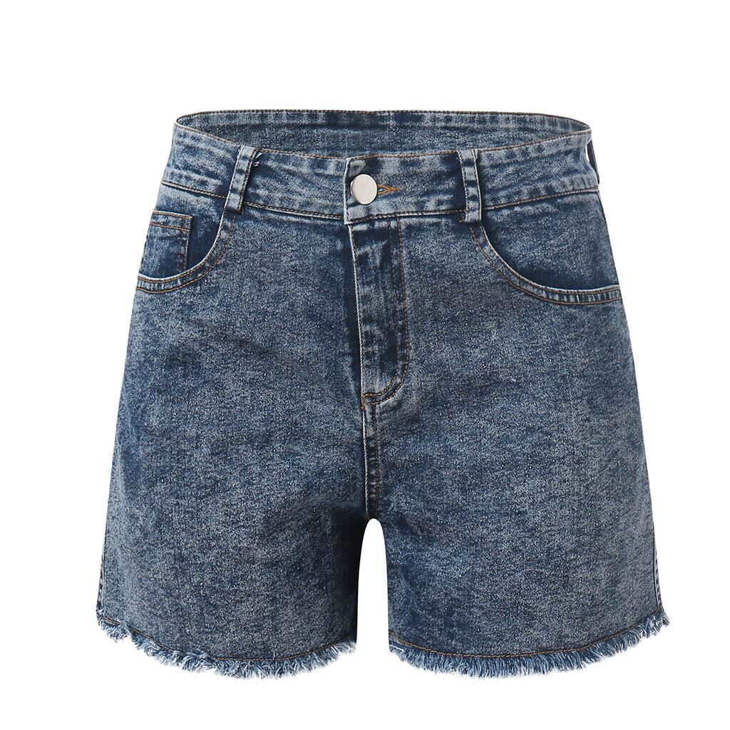 Damen hoch taillierte Denim-Shorts mit fransigem Saum EB