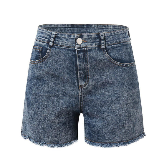 Damen hoch taillierte Denim-Shorts mit fransigem Saum EB
