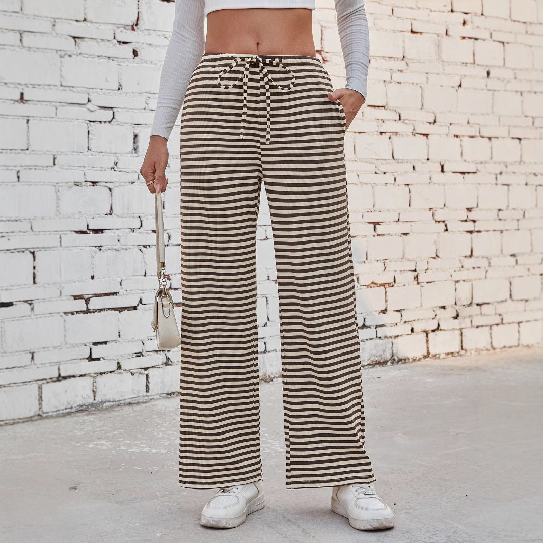 Damen weite Streifenhose mit elastischem Bund und Kordelzug EB