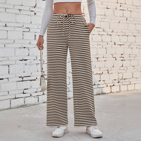 Damen weite Streifenhose mit elastischem Bund und Kordelzug EB
