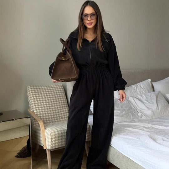 Damen kuscheliger Plüsch-Jumpsuit mit halbem Reißverschluss und elastischer Taille EB