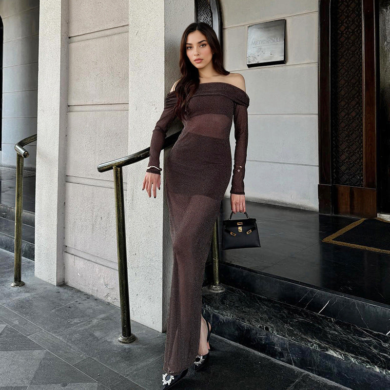 Damen elegantes schulterfreies Maxikleid mit Rüschendetails EB