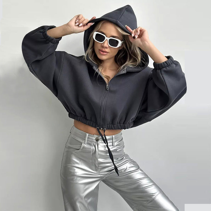 Damen Sportlicher Cropped Hoodie mit Reißverschluss und Kordelzug EB