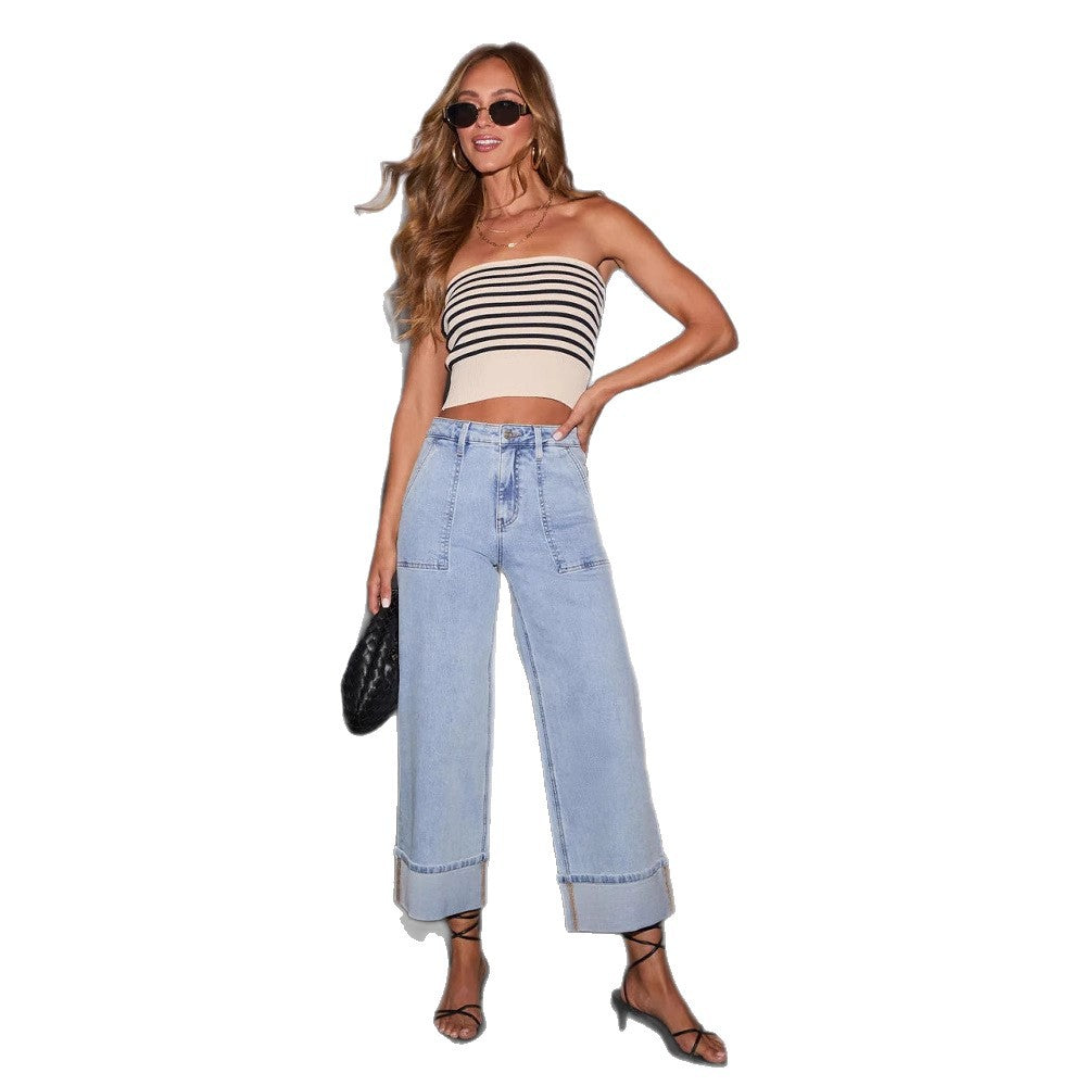 Damen Weit geschnittene Jeans mit Taschen und modischem Saum EB