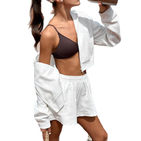 Damen Sportliches Lounge-Set mit cropped Jacke und Shorts EB