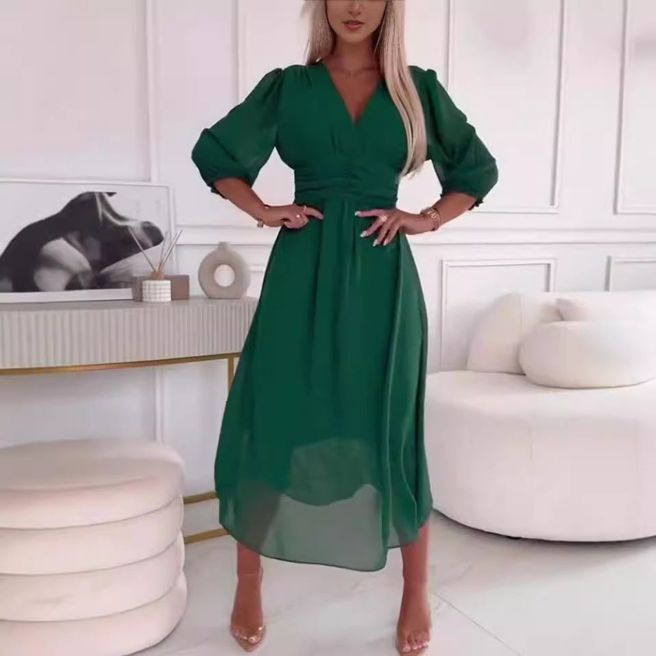 Damen Maxikleid mit elegantem V-Ausschnitt und raffiniertem Faltenwurf EB