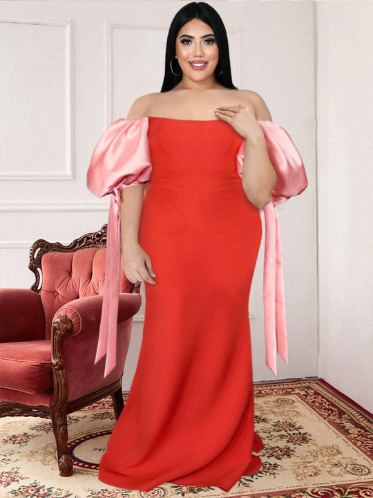 Damen Maxikleid mit schulterfreiem Design und voluminösen Satinärmel EB