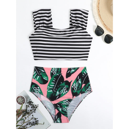 Damen Hochgeschnittener Bikini mit modischem Streifenmuster und floralem Unterteil EB