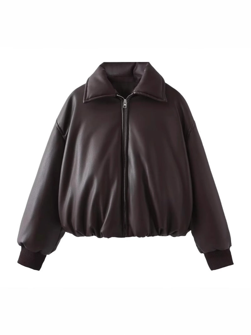 Damen lässige Kunstlederjacke mit voluminösem Schnitt und praktischen Taschen EB