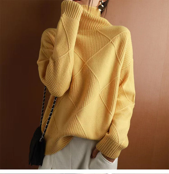 Damen hochwertiger Strickpullover mit stehendem Kragen und extravagantem Rautenmuster EB