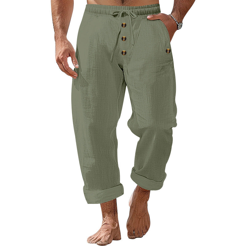 Herren nan lockere Leinen-Baumwoll-Hose mit elastischem Bund, Kordelzug und aufgekrempeltem Saum EB