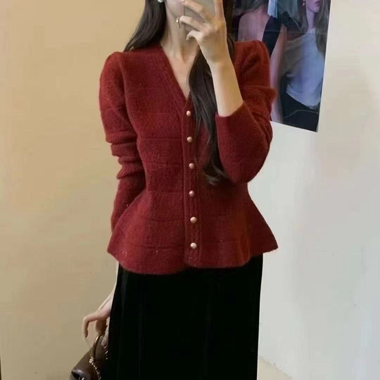 Damen elegante Strickjacke mit strukturiertem Design und femininen Puffärmeln EB