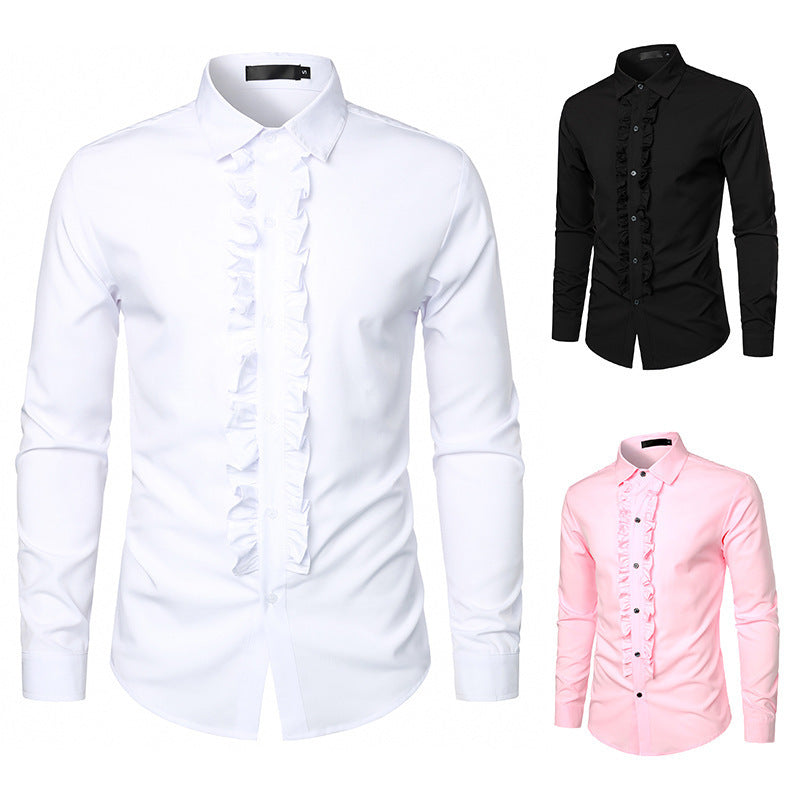 Herren Langarmhemd mit Rüschenverzierung und eleganten Knopfdetails EB