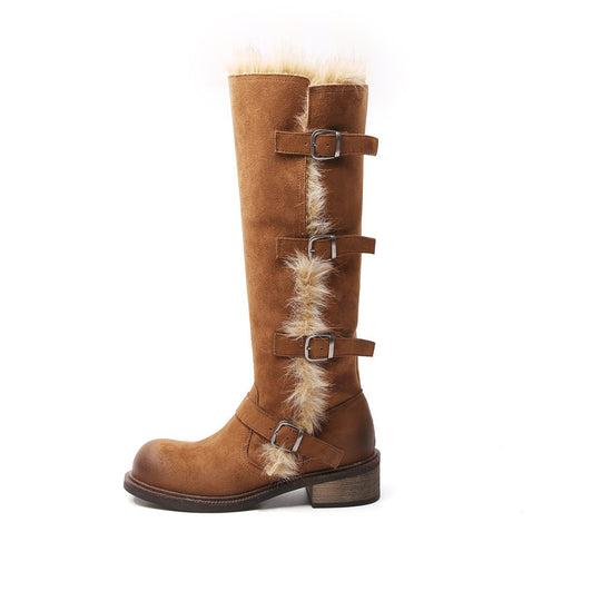 Damen elegante Winterstiefel mit modischem Kunstfellrand und praktischen Schnallen EB