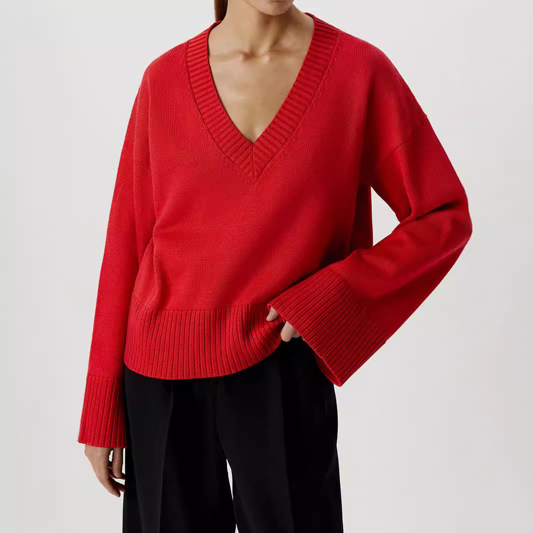 Damen Strickpullover mit tiefem V-Ausschnitt und lässigem Schnitt EB