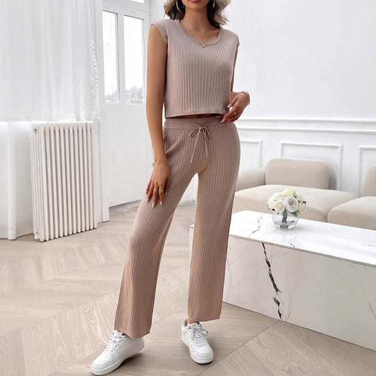 Damen Strick Zweiteiliges Set mit cropped Oberteil und weiter Hose EB