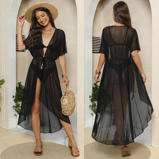 Damen eleganter transparenter Strandüberwurf mit asymmetrischem Schnitt EB