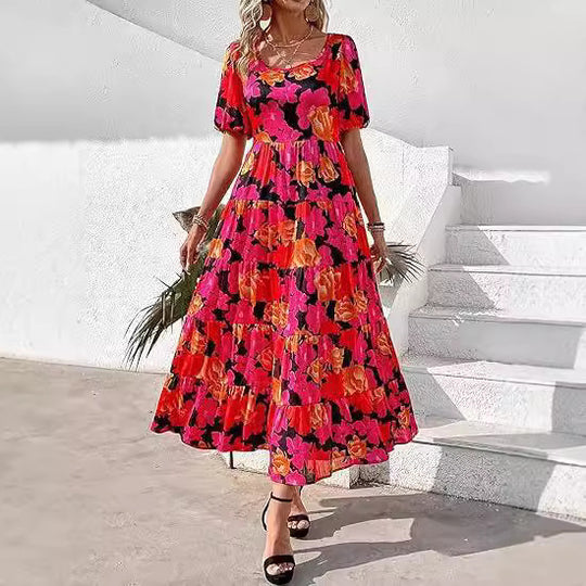 Damen Maxikleid mit Puffärmeln und Rüschendetails EB