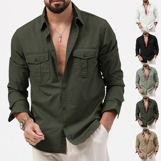 Herren nan Zweiten Brusttaschen-Hemd aus Baumwollmix mit Kentkragen und kastigem Casual-Schnitt EB
