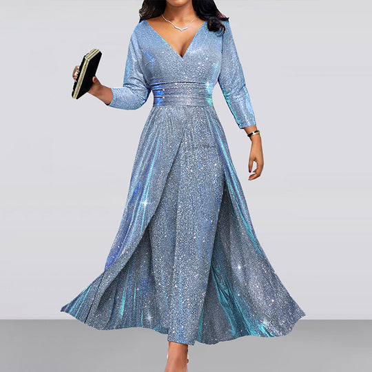 Damen Glitzerndes Maxikleid mit eleganter Teilung und schimmerndem Stoff EB