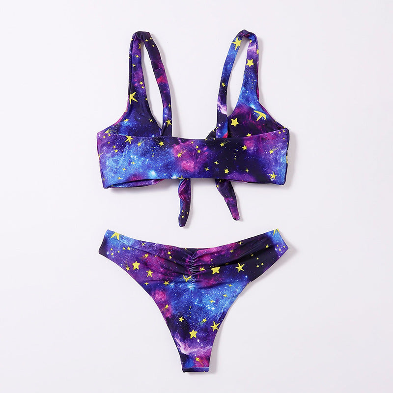 Damen Triangel-Bikini mit buntem Galaxienmuster und verspieltem Knoten EB
