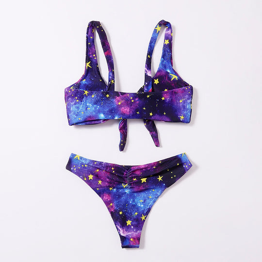 Damen Triangel-Bikini mit buntem Galaxienmuster und verspieltem Knoten EB