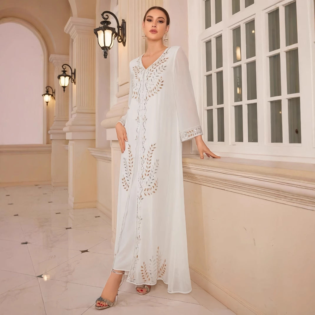 Damen Elegantes maximal langes Kleid mit feinen sticktechnischen Details und umhüllendem Schal EB