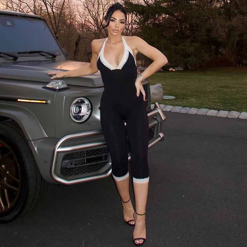 Damen Eleganter Jumpsuit mit Spitzendetails und taillierter Silhouette EB