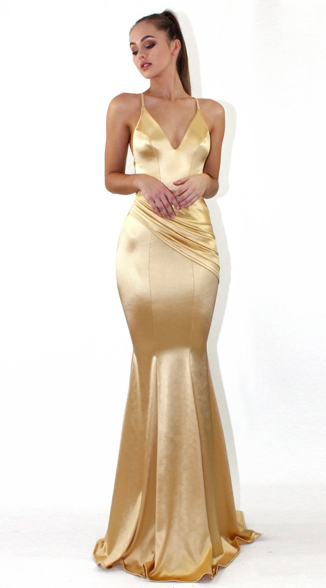 Damen elegantes Abendkleid mit tiefem V-Ausschnitt und körperbetontem Schnitt EB