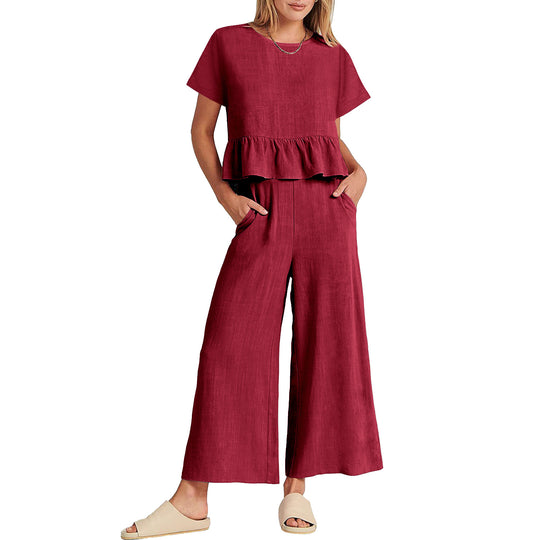 Damen Zweiteiliges Outfit mit fließendem Oberteil und weitem Hosen-Design EB